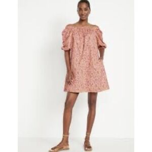Old Navy Women's Orange Floral Mini Swing Dress Puff Half Sleeve Size Large New